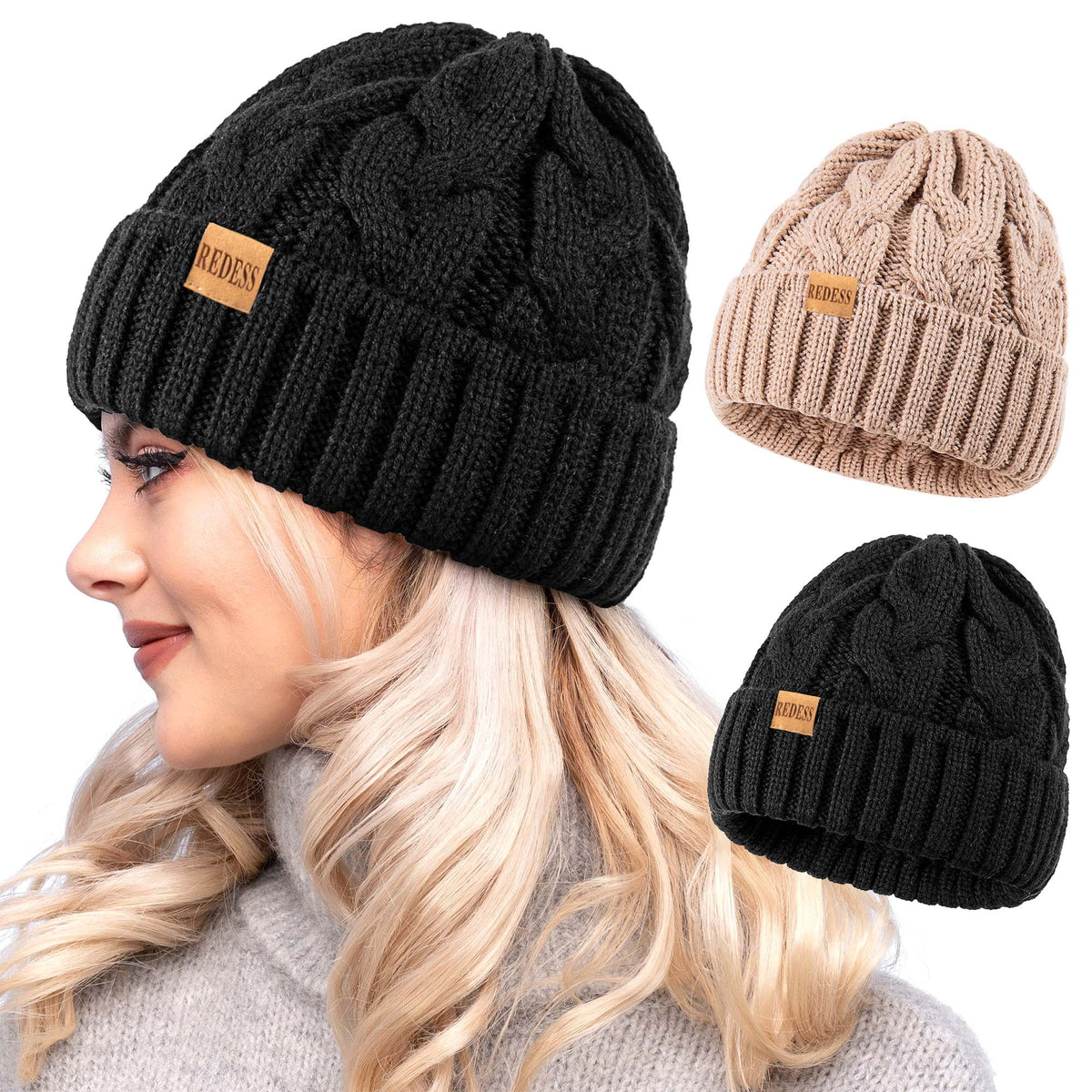 REDESS Beanie for Womens Winter Warm Cable Knit Soft Cap Comfortable Cuffed Stretchy Hat 2 Pack