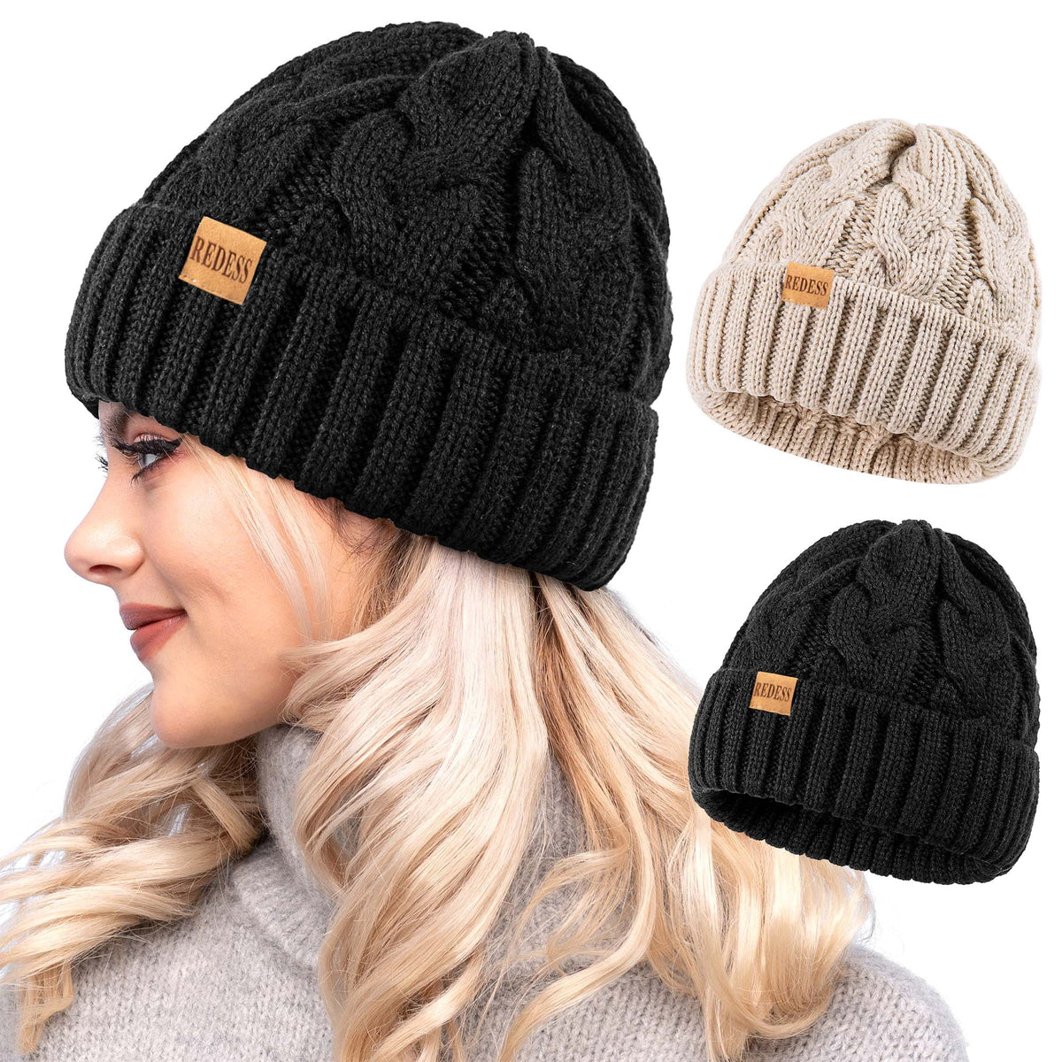 REDESS Beanie for Womens Winter Warm Cable Knit Soft Cap Comfortable Cuffed Stretchy Hat 2 Pack
