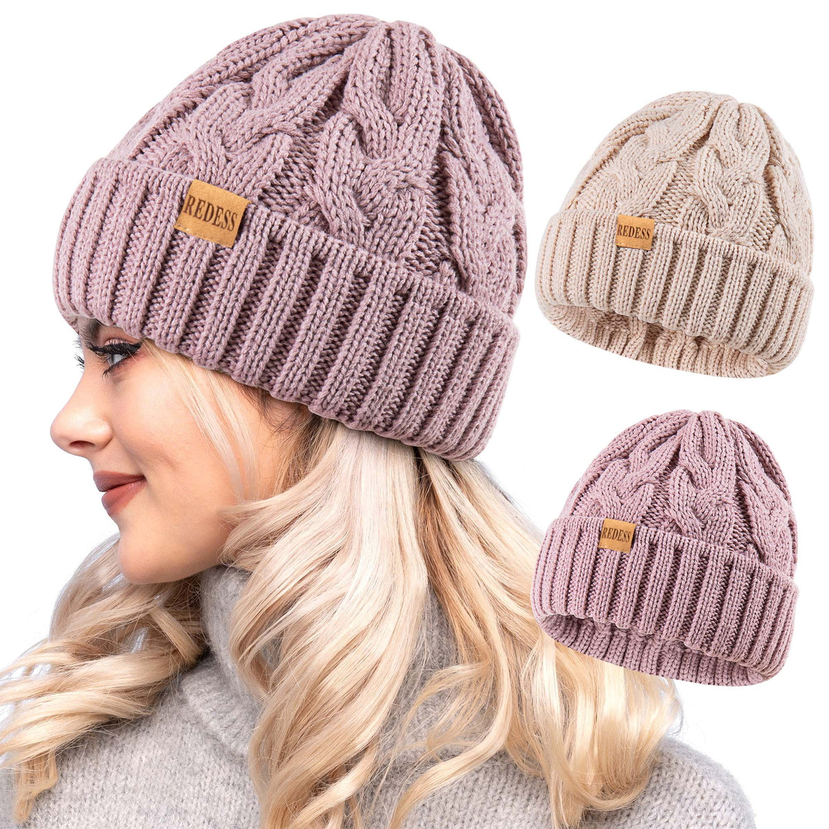 REDESS Beanie for Womens Winter Warm Cable Knit Soft Cap Comfortable Cuffed Stretchy Hat 2 Pack