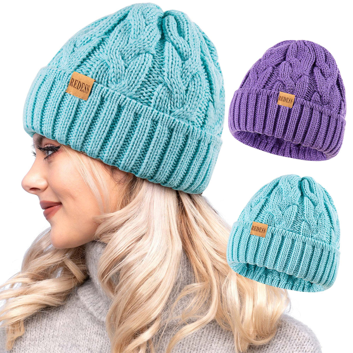 REDESS Beanie for Womens Winter Warm Cable Knit Soft Cap Comfortable Cuffed Stretchy Hat 2 Pack