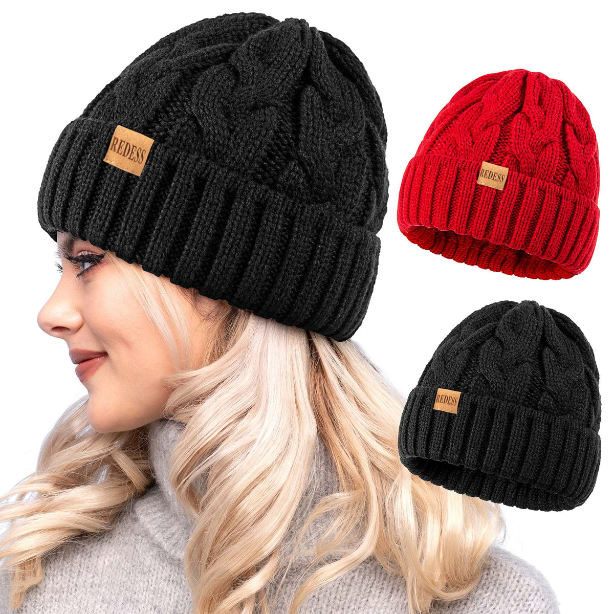 REDESS Beanie for Womens Winter Warm Cable Knit Soft Cap Comfortable Cuffed Stretchy Hat 2 Pack