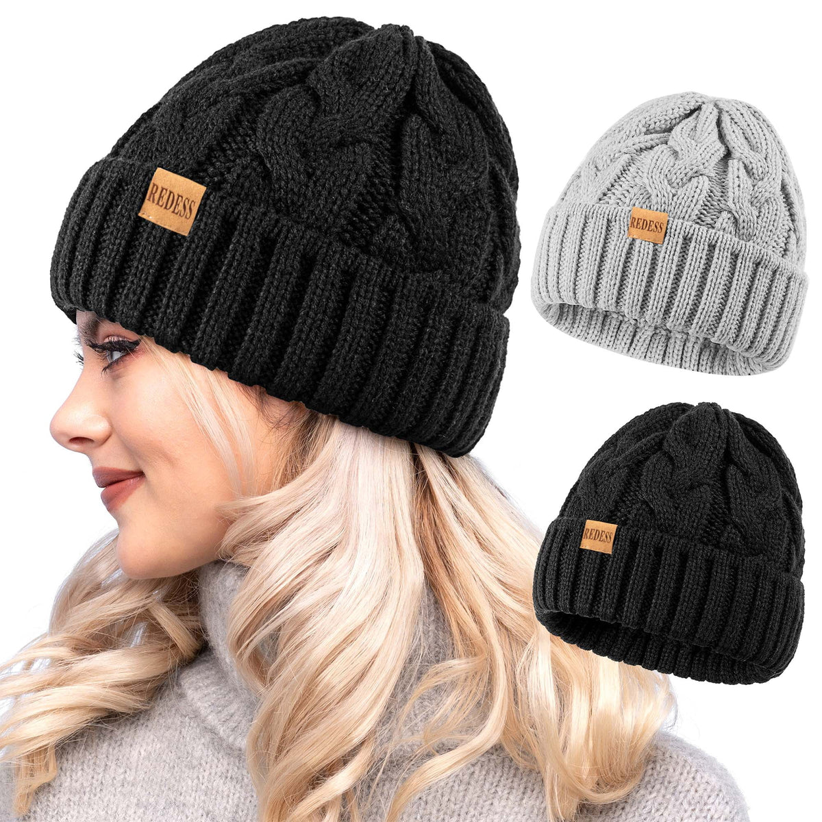 REDESS Beanie for Womens Winter Warm Cable Knit Soft Cap Comfortable Cuffed Stretchy Hat 2 Pack