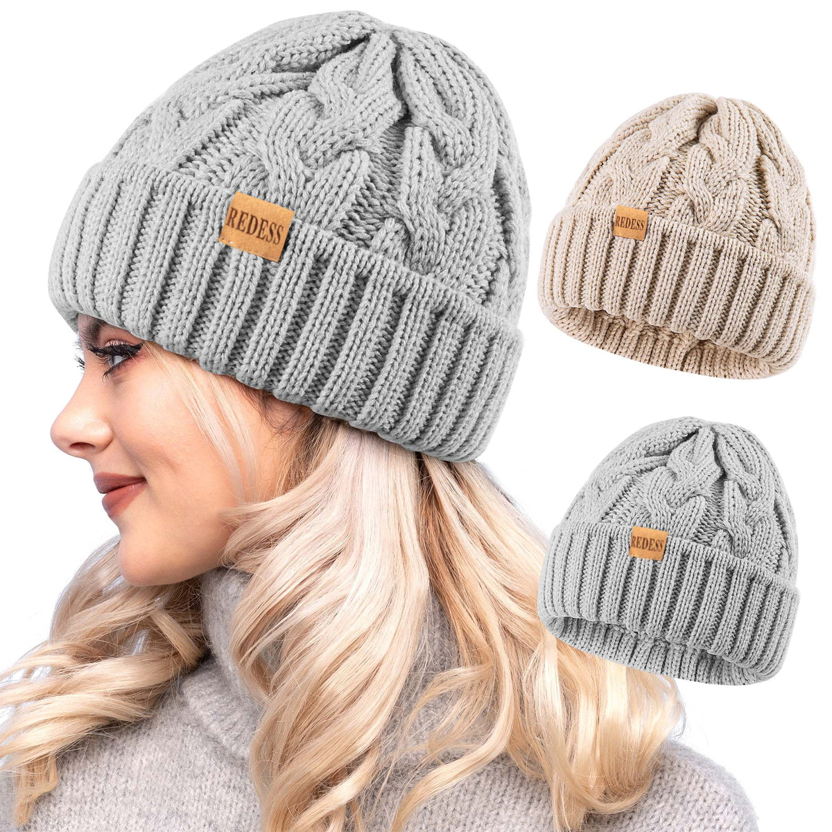 REDESS Beanie for Womens Winter Warm Cable Knit Soft Cap Comfortable Cuffed Stretchy Hat 2 Pack