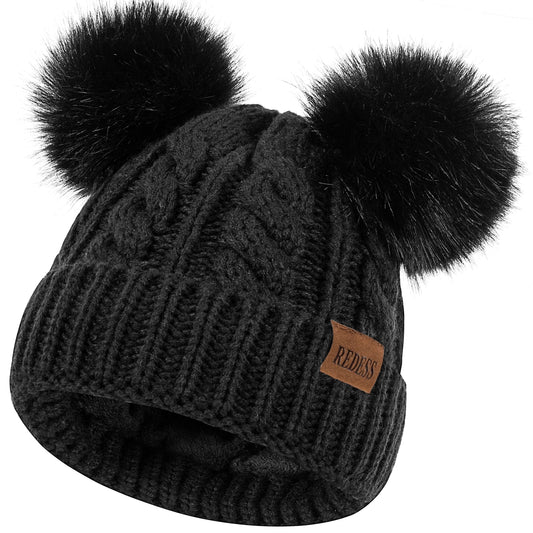REDESS Kids Winte Beanie Hat with Two Pom-Pom for Girls 3-9 Year Old,Black