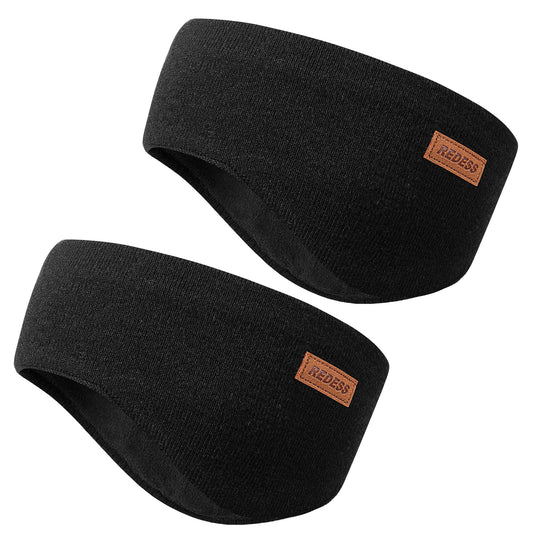 REDESS Winter Headband for Women Soft Fleece Ear Warmer Black Headband 2 Pack