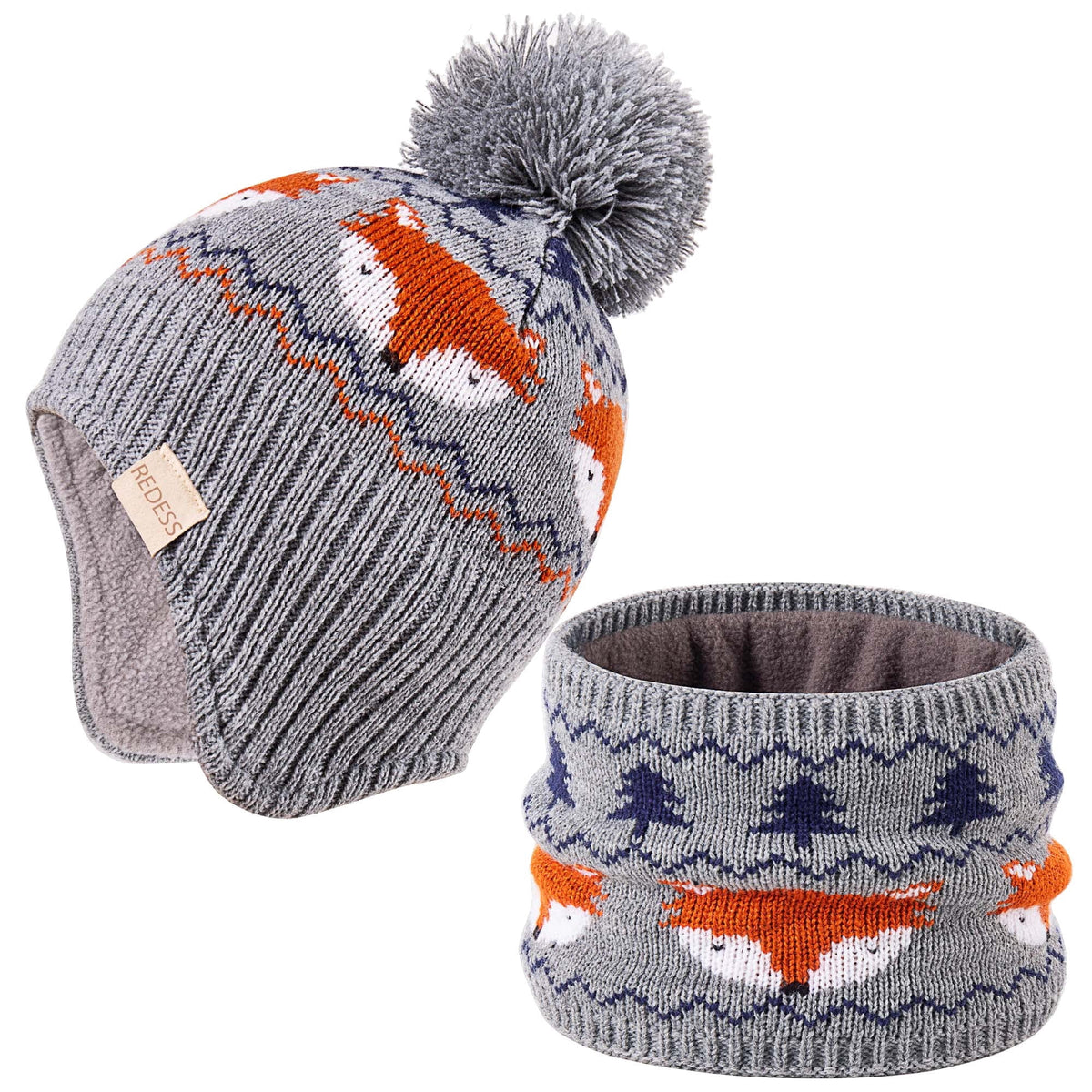 REDESS Infant Toddler Winter Hat Scarf Set Knitted Fleece Lined for Baby Boy Girl
