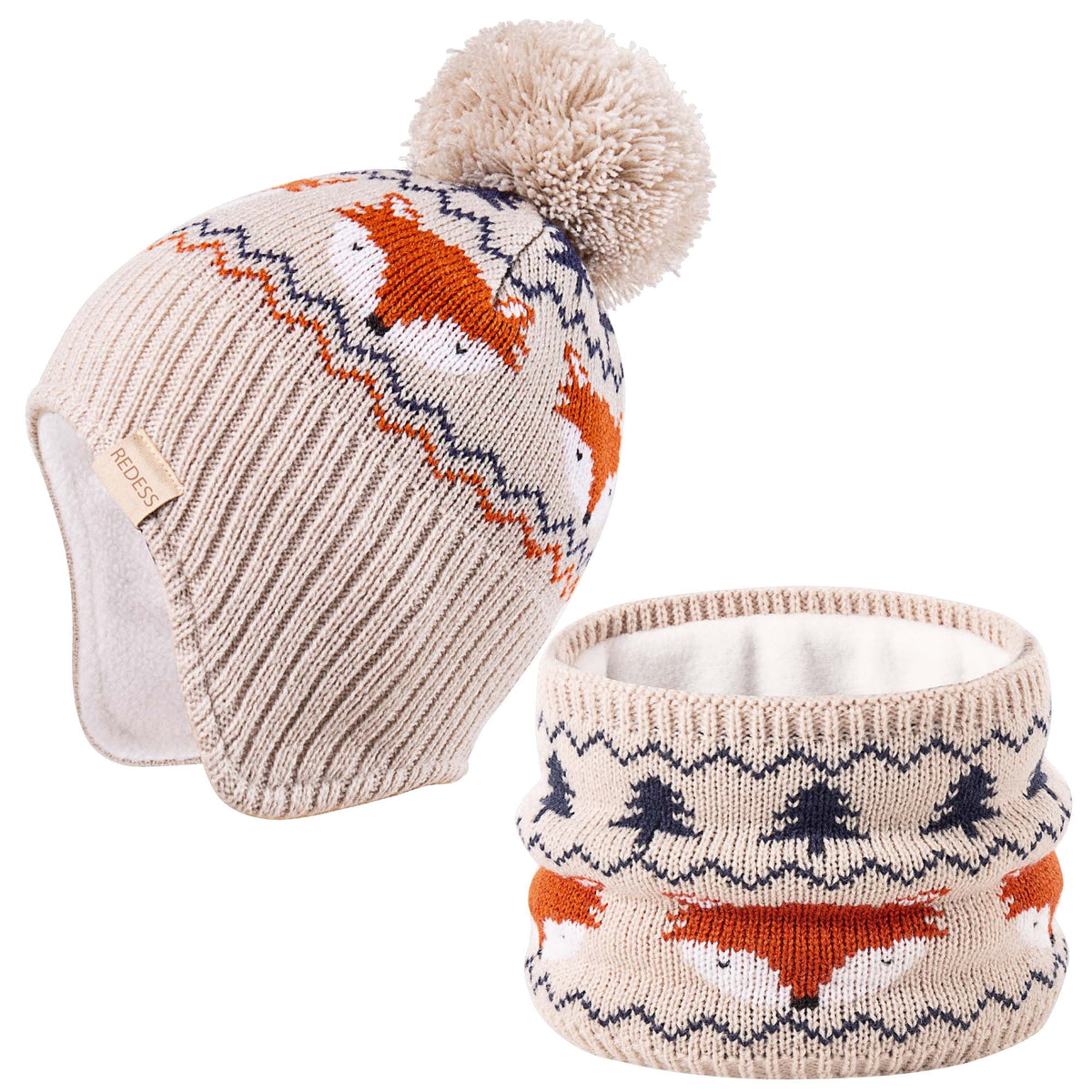 REDESS Infant Toddler Winter Hat Scarf Set Knitted Fleece Lined for Baby Boy Girl