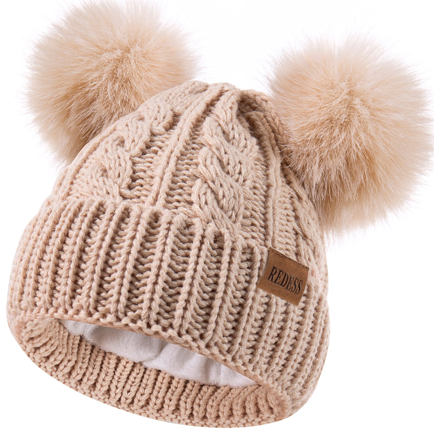 REDESS Kids Winter Beanie Hat with Two Pom-Pom for Girls 3-9 Year Old,Beige