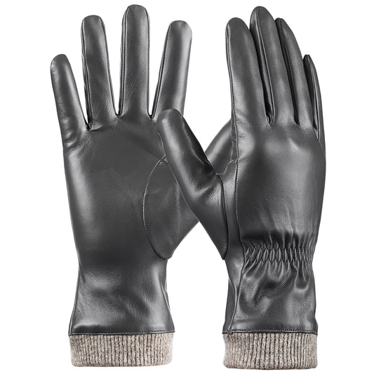 REDESS Leather Black Gloves for Women, Soft Winter Thermal Snow Driving Gloves Touchscreen