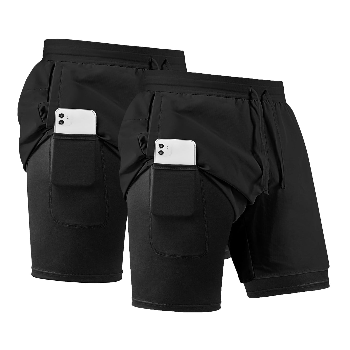 REDESS Men's 2 in 1 Active Fit Athletic Running Shorts, Size S-2XL,Black+Black,2 Pcs