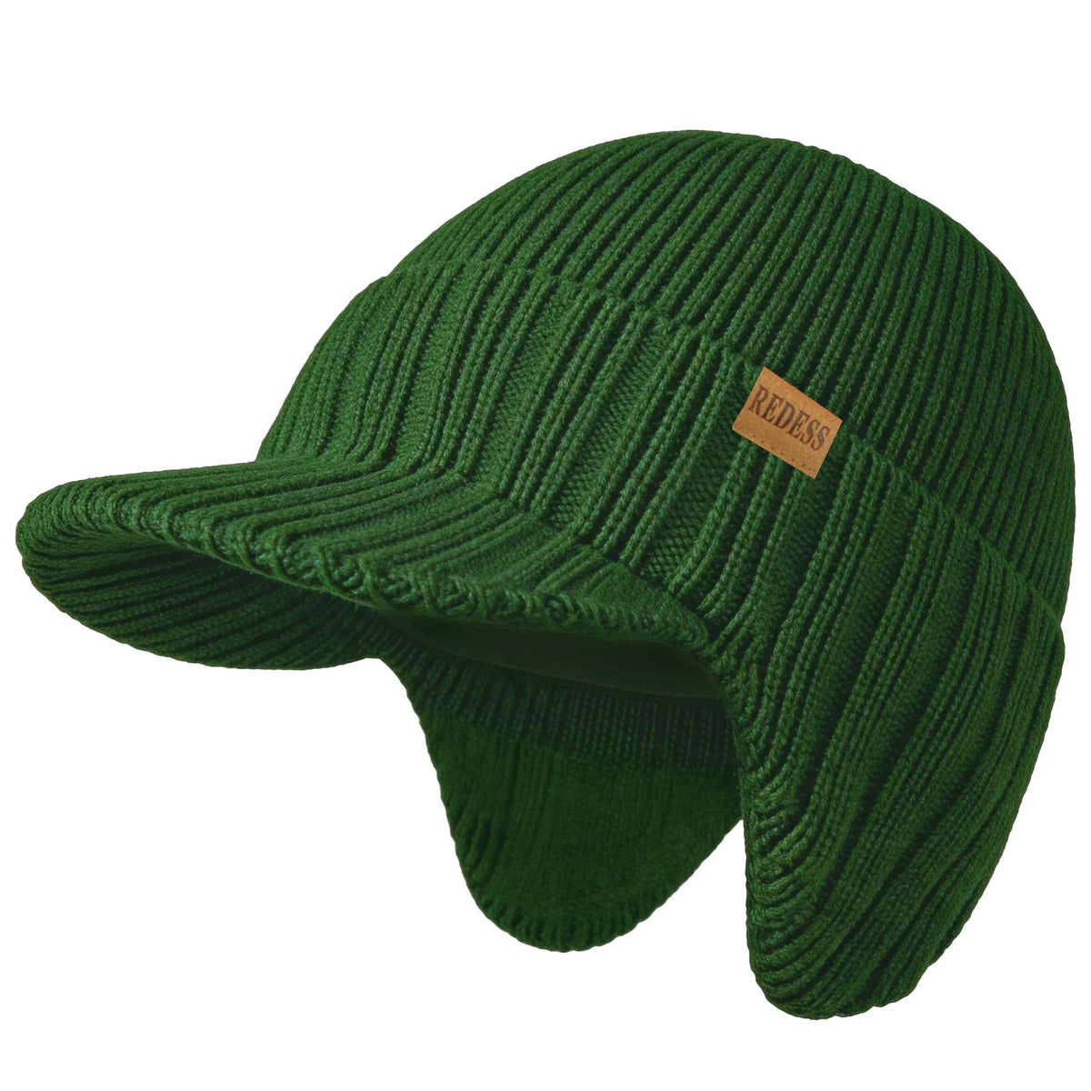 REDESS Men's Fleece Lined Knit Winter Beanie Hat with Visor and Earflaps, Black