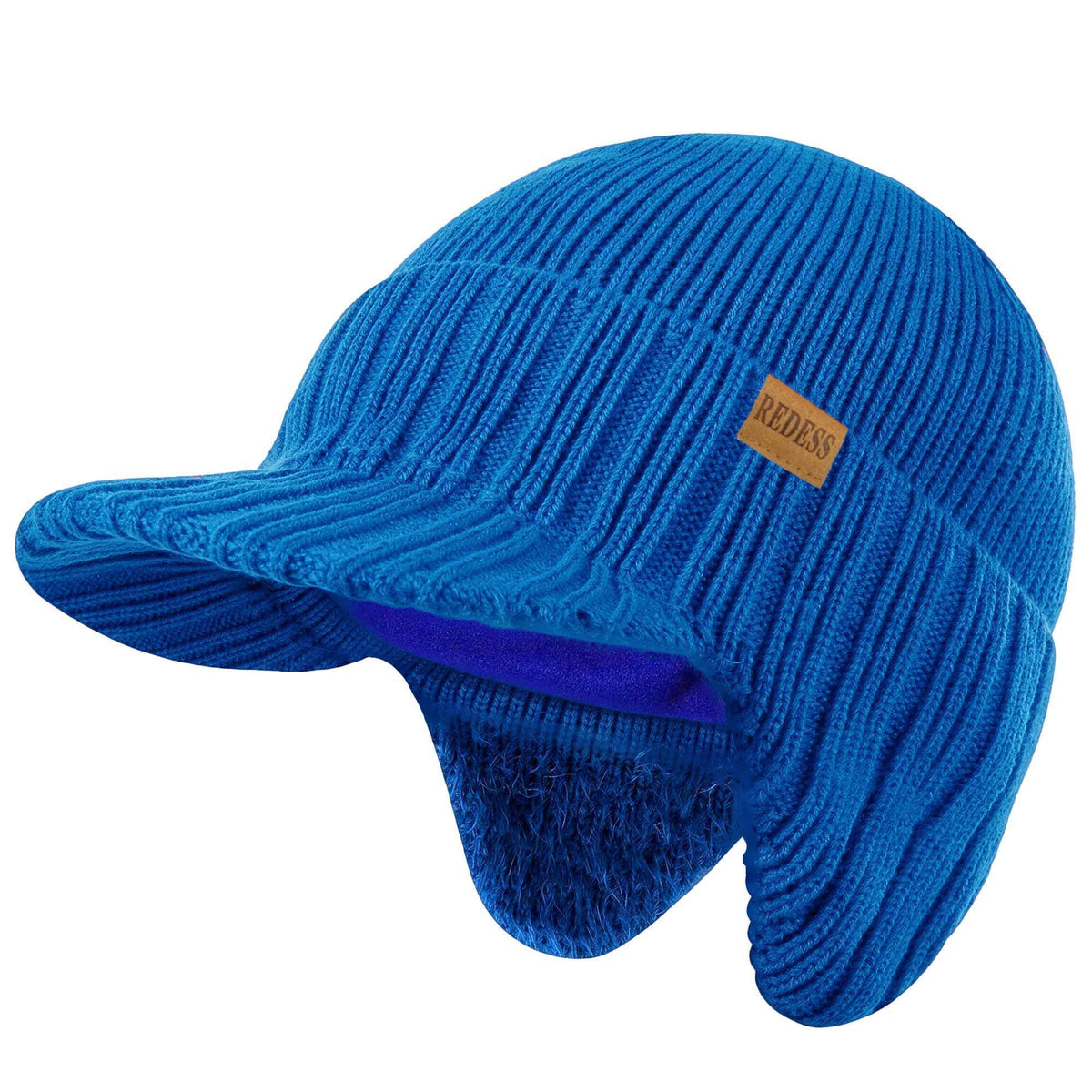 REDESS Men's Fleece Lined Knit Winter Beanie Hat with Visor and Earflaps, Black