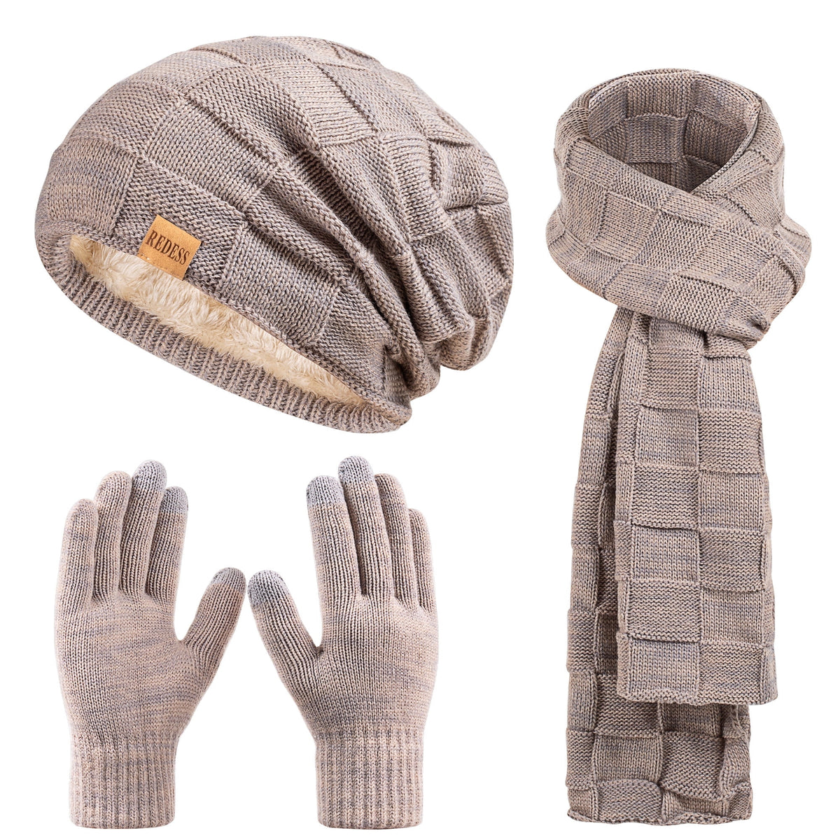 REDESS Men's Winter Beanie Hat Scarf & Glove Sets for Adult,Knit Slouchy Thick Skull Hats and Glove Set-Beige