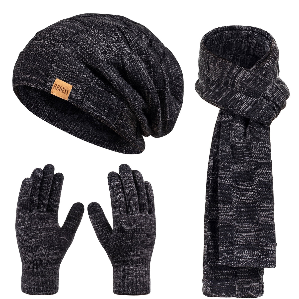 REDESS Men's Winter Beanie Hat Scarf & Glove Sets for Adult,Knit Slouchy Thick Skull Hats and Glove Set-Beige