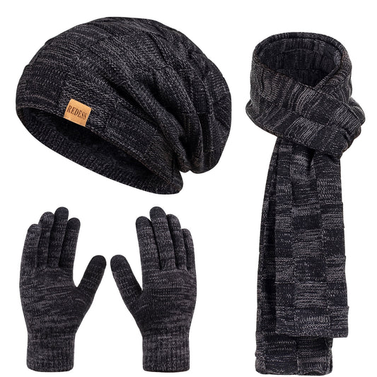 REDESS Men's Winter Beanie Hat Scarf & Glove Sets for Adult,Knit Slouchy Thick Skull Hats and Glove Set-Beige