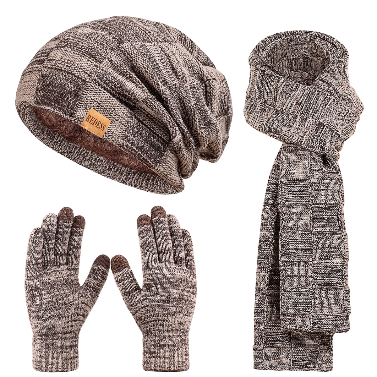 REDESS Men's Winter Beanie Hat Scarf & Glove Sets for Adult,Knit Slouchy Thick Skull Hats and Glove Set-Beige
