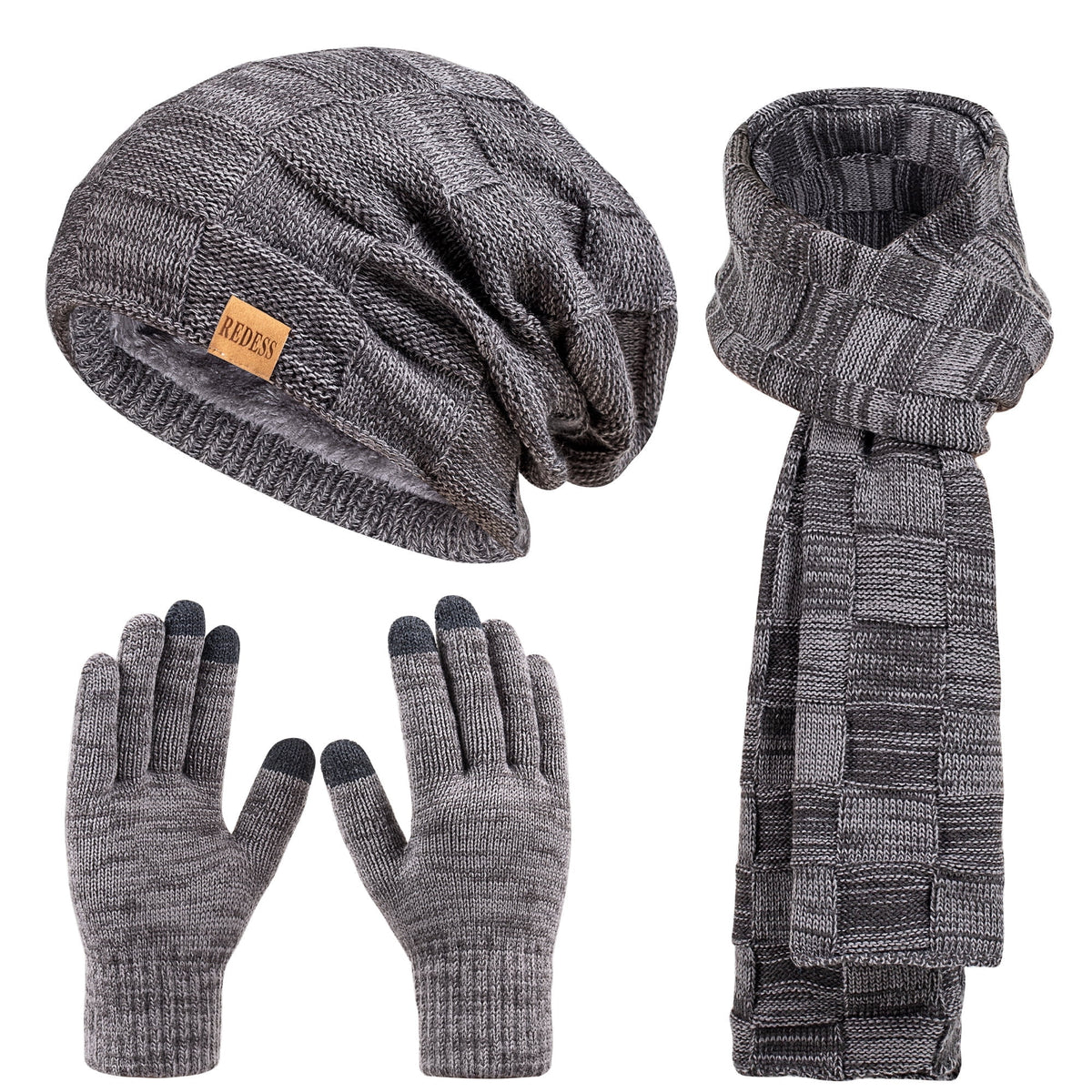 REDESS Men's Winter Beanie Hat Scarf & Glove Sets for Adult,Knit Slouchy Thick Skull Hats and Glove Set-Beige
