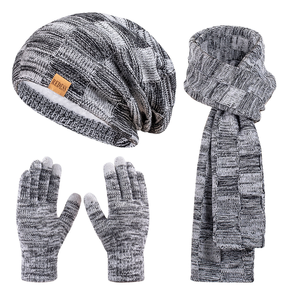 REDESS Men's Winter Beanie Hat Scarf & Glove Sets for Adult,Knit Slouchy Thick Skull Hats and Glove Set-Beige