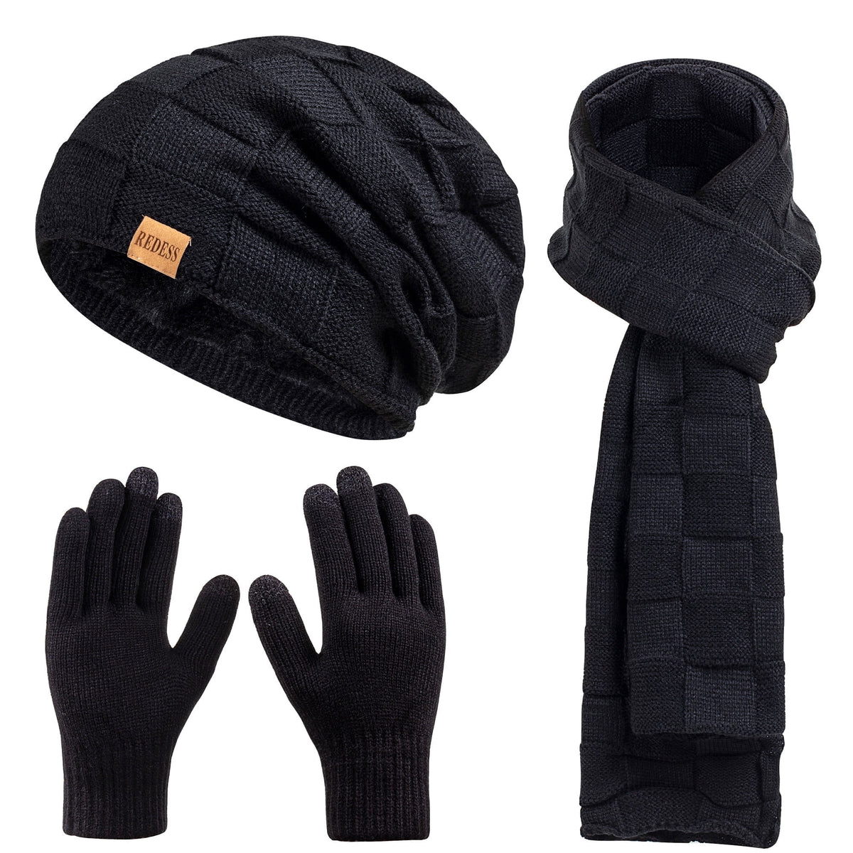 REDESS Men's Winter Beanie Hat Scarf & Glove Sets for Adult,Knit Slouchy Thick Skull Hats and Glove Set-Beige