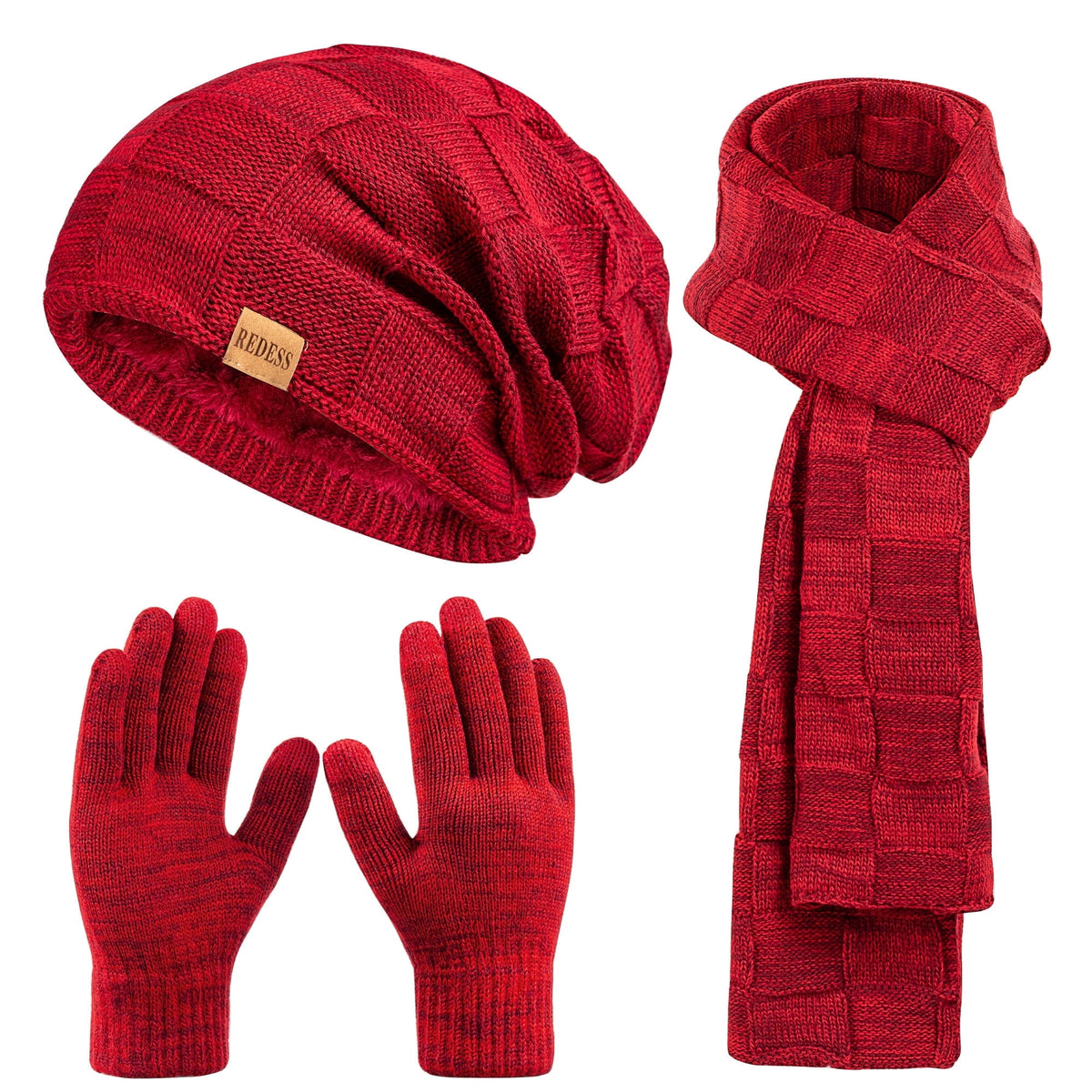 REDESS Men's Winter Beanie Hat Scarf & Glove Sets for Adult,Knit Slouchy Thick Skull Hats and Glove Set-Beige