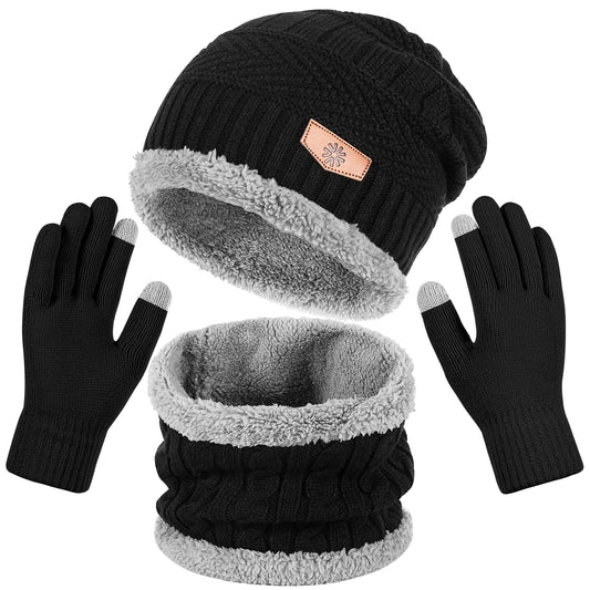 REDESS Men's Winter Beanie Hat Scarf and Touch Screen Gloves Set for Women,Black