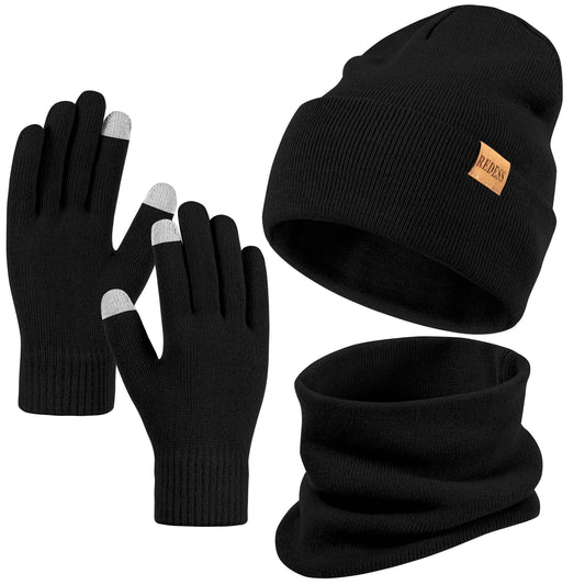 REDESS Winter Hat, Scarf & Glove Set for Men and Women,Black