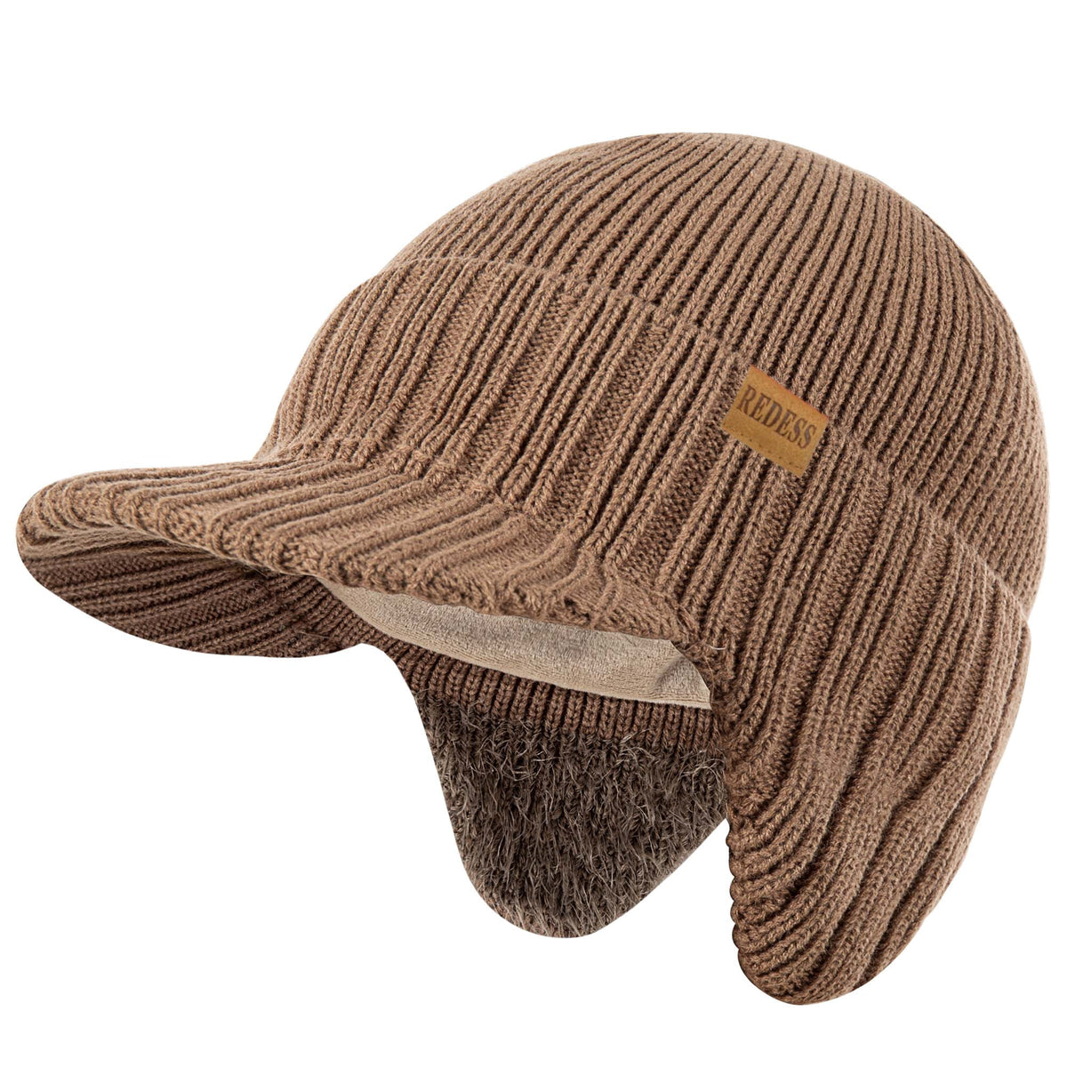 REDESS Men's Fleece Lined Knit Winter Beanie Hat with Visor and Earflaps, Black