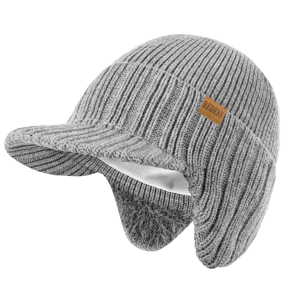 REDESS Men's Fleece Lined Knit Winter Beanie Hat with Visor and Earflaps, Black