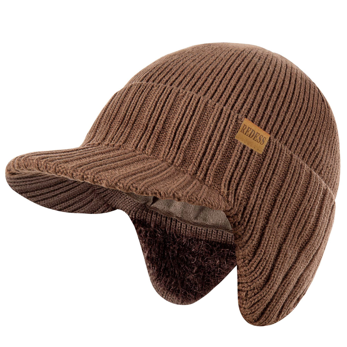 REDESS Men's Fleece Lined Knit Winter Beanie Hat with Visor and Earflaps, Black