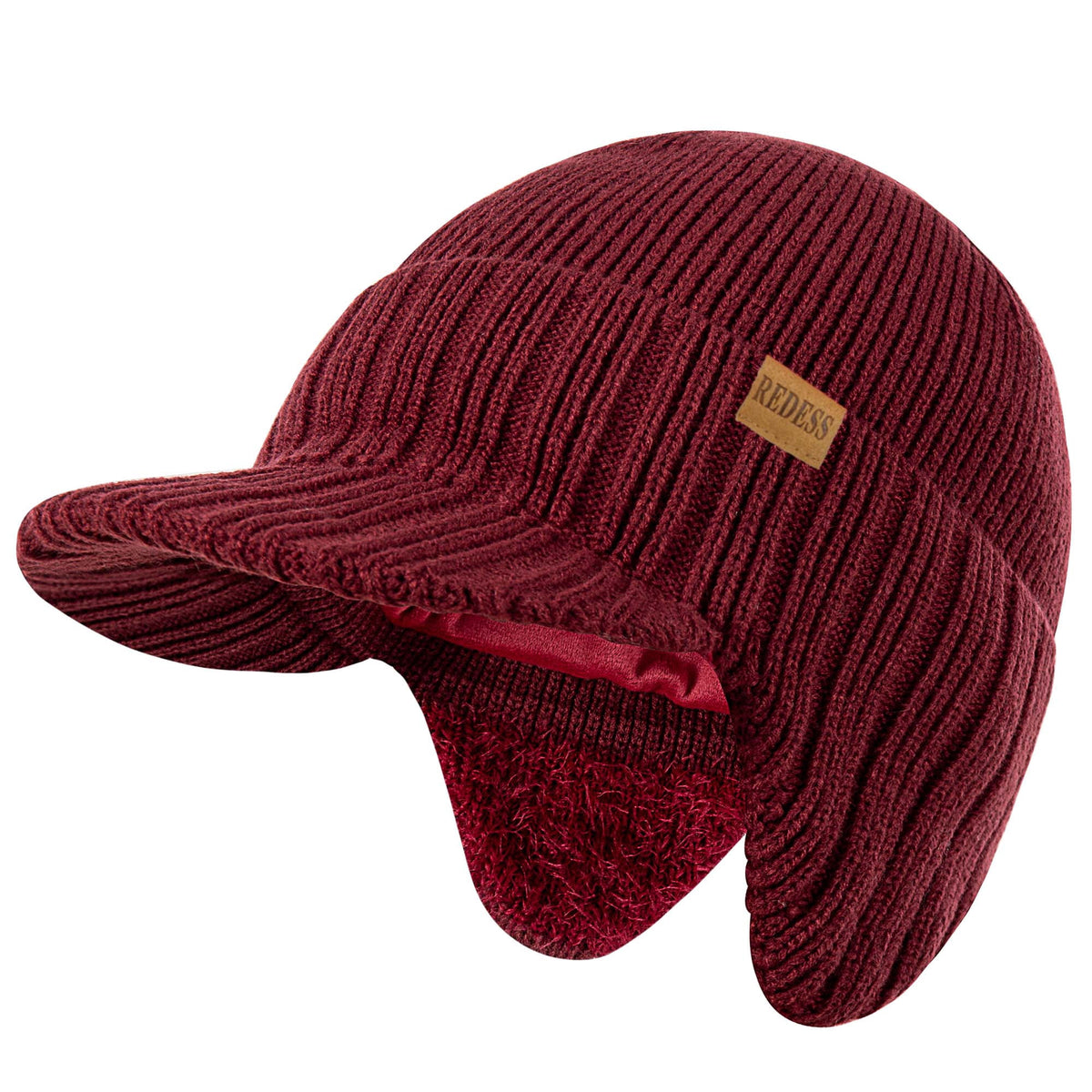 REDESS Men's Fleece Lined Knit Winter Beanie Hat with Visor and Earflaps, Black