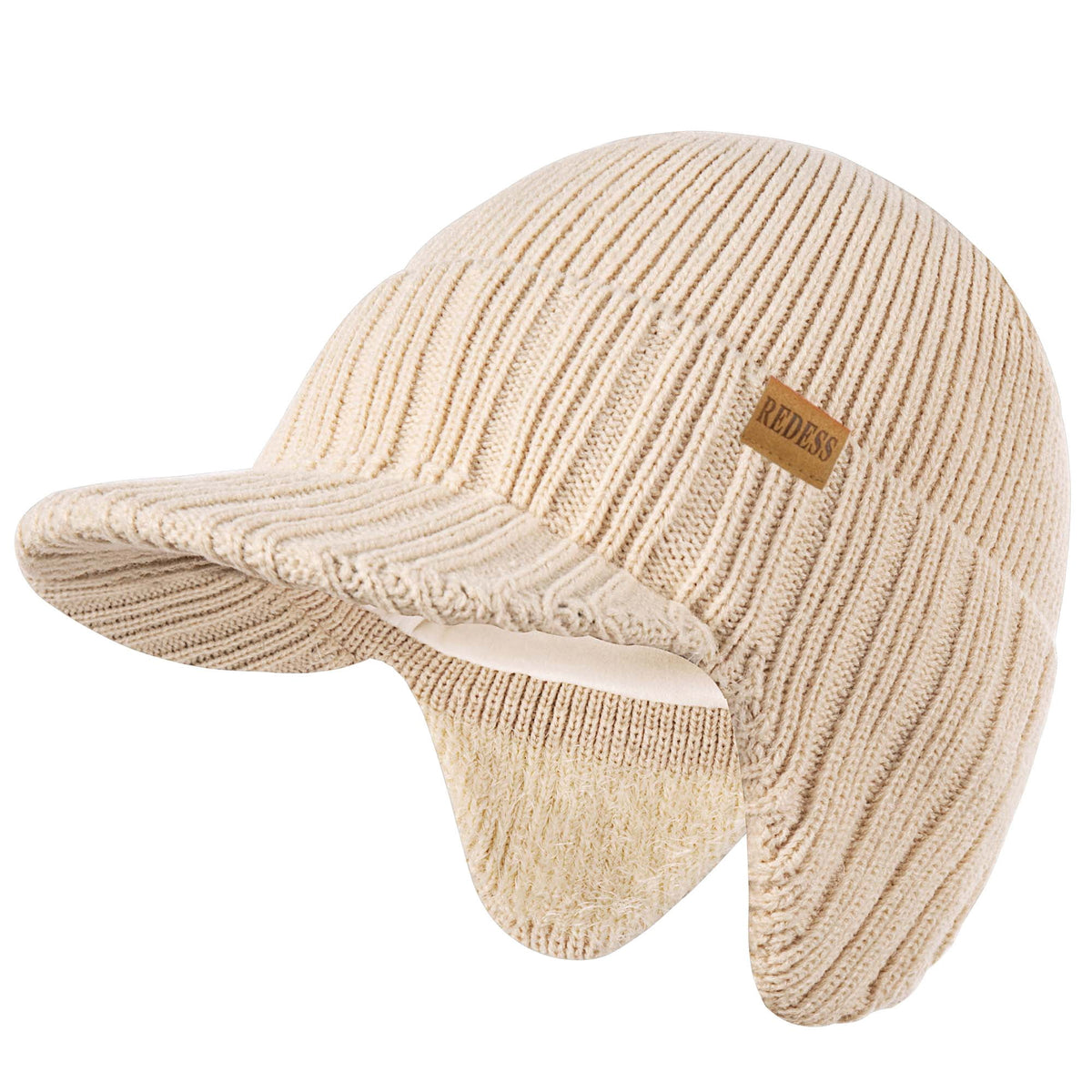 REDESS Men's Fleece Lined Knit Winter Beanie Hat with Visor and Earflaps, Black
