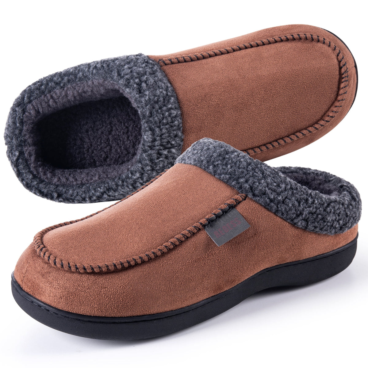 REDESS Mens Moccasin Slipper, Memory Foam Warm Fleece Lined Indoor Outdoor House Shoes