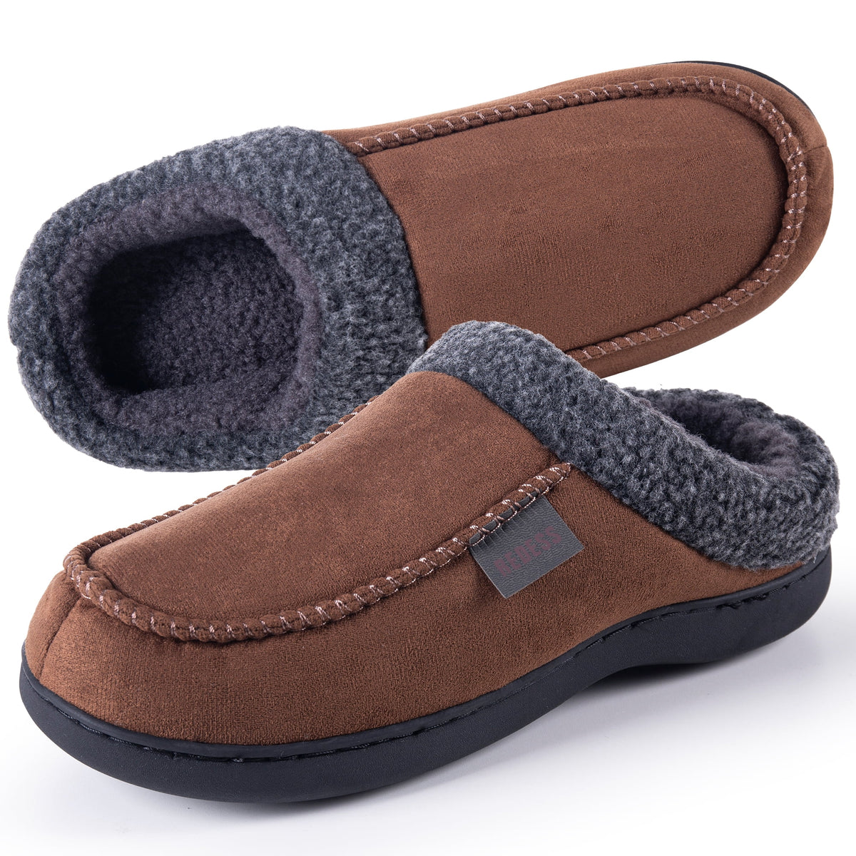 REDESS Mens Moccasin Slipper, Memory Foam Warm Fleece Lined Indoor Outdoor House Shoes