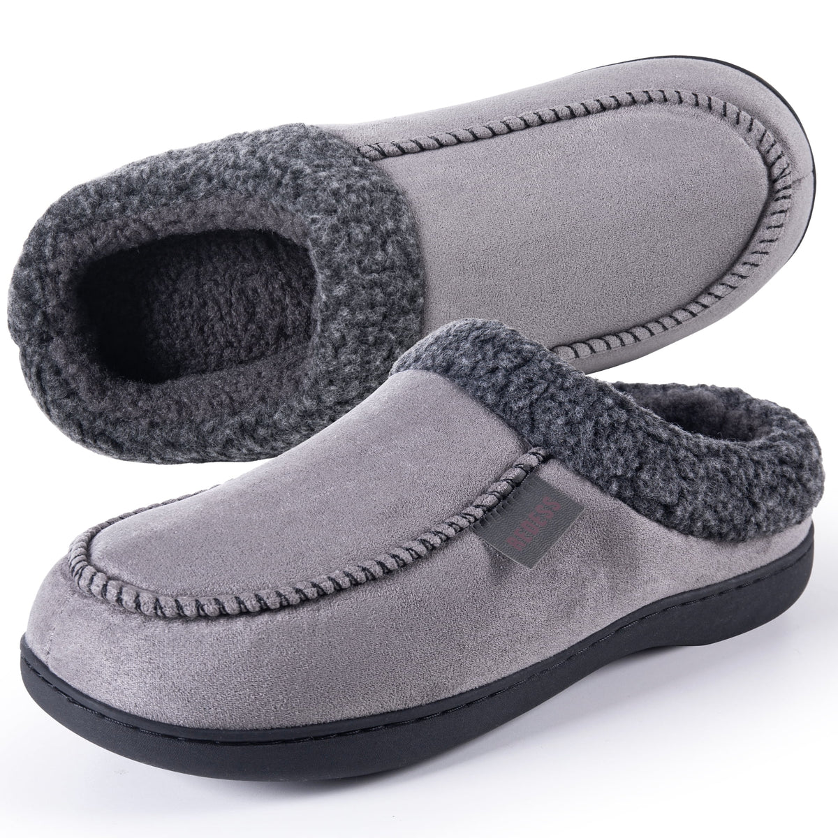 REDESS Mens Moccasin Slipper, Memory Foam Warm Fleece Lined Indoor Outdoor House Shoes