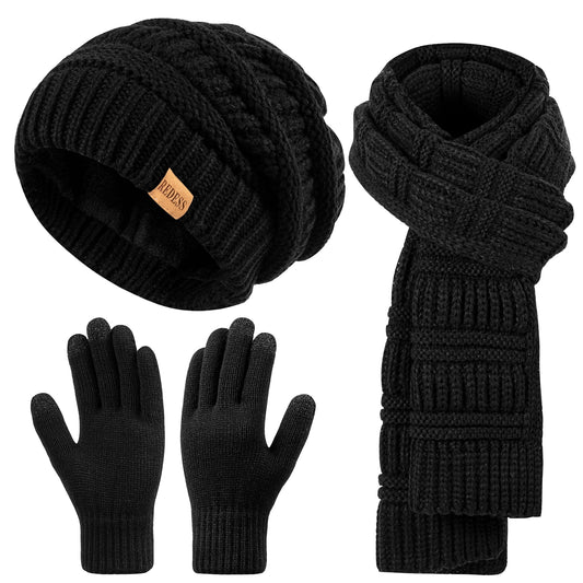REDESS Winter Women's Slouchy Beanie Hat, Scarf & Glove Sets-Black