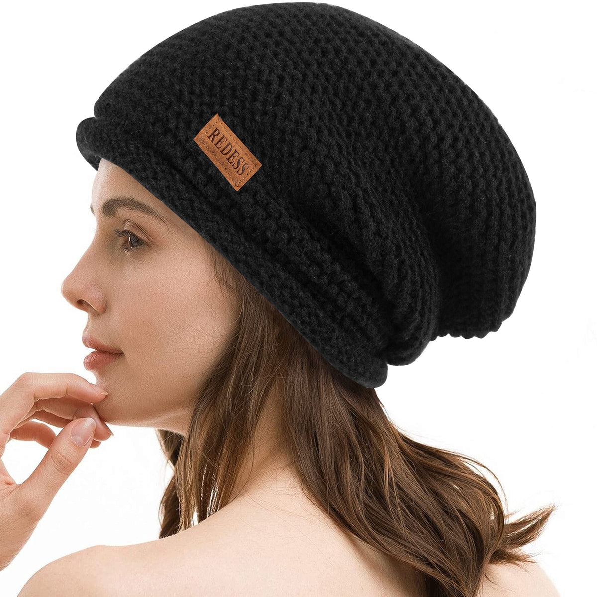 REDESS Slouchy Black Beanie Hat for Women and Men, Winter Warm Thick Skull Cap