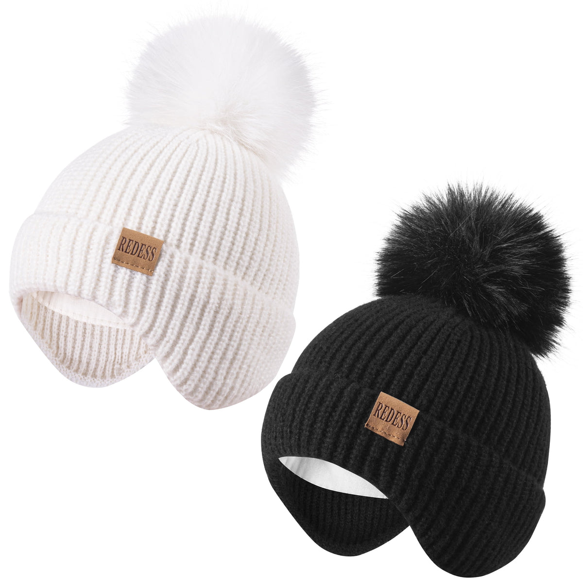 REDESS Toddler Hat with Ear Flaps, Fleece Lined Beanie Hat for Baby 0?3 Years Old, 2?Pack Warm Knit Kids Toddler Winter Hat