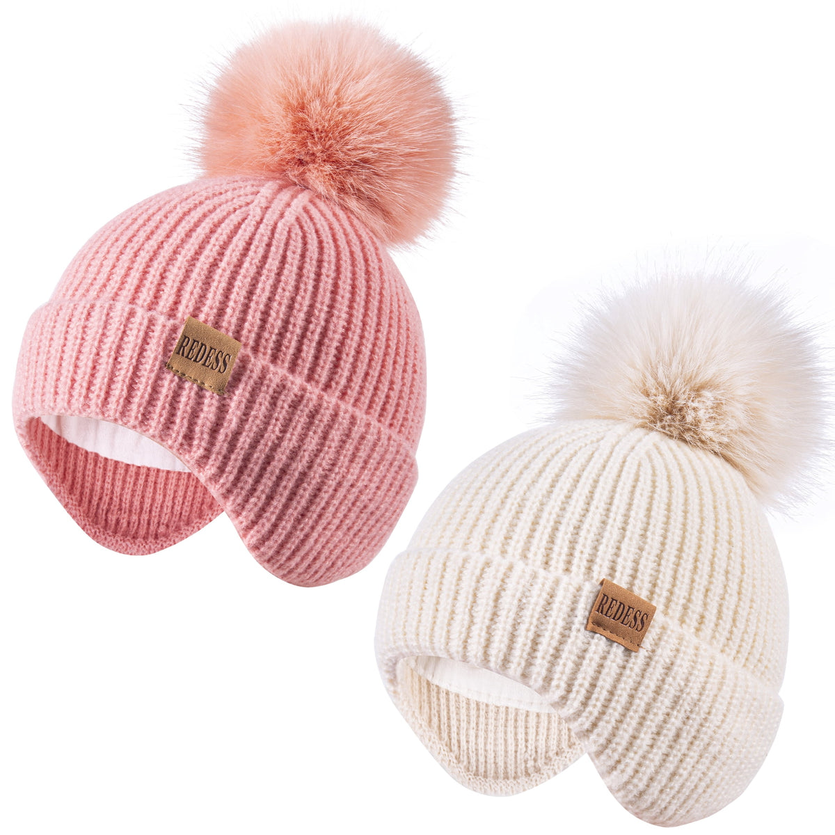 REDESS Toddler Hat with Ear Flaps, Fleece Lined Beanie Hat for Baby 0?3 Years Old, 2?Pack Warm Knit Kids Toddler Winter Hat