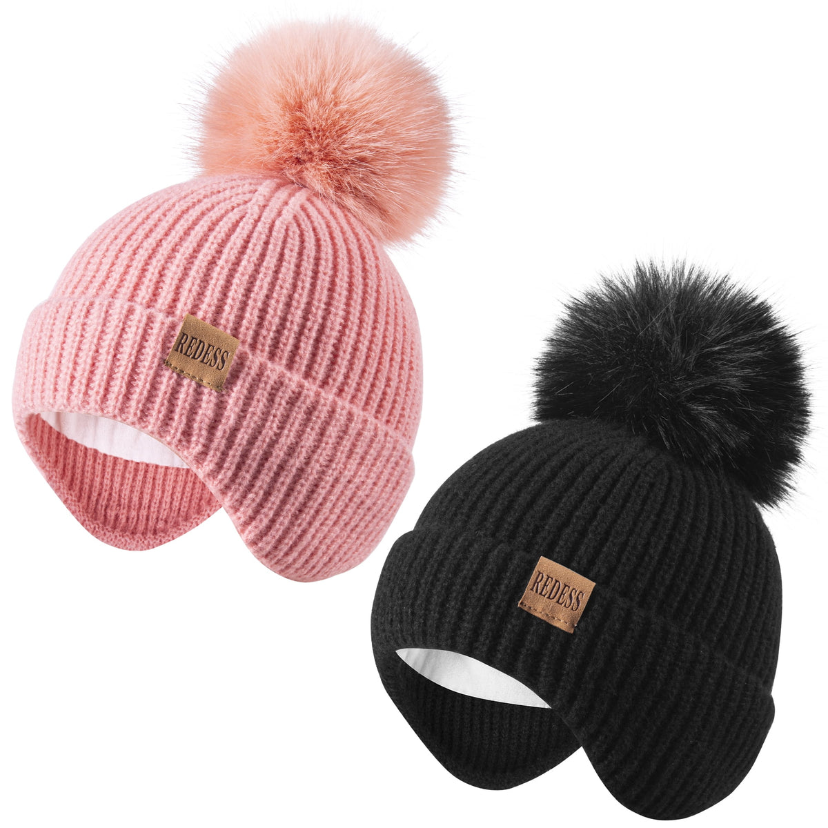 REDESS Toddler Hat with Ear Flaps, Fleece Lined Beanie Hat for Baby 0?3 Years Old, 2?Pack Warm Knit Kids Toddler Winter Hat