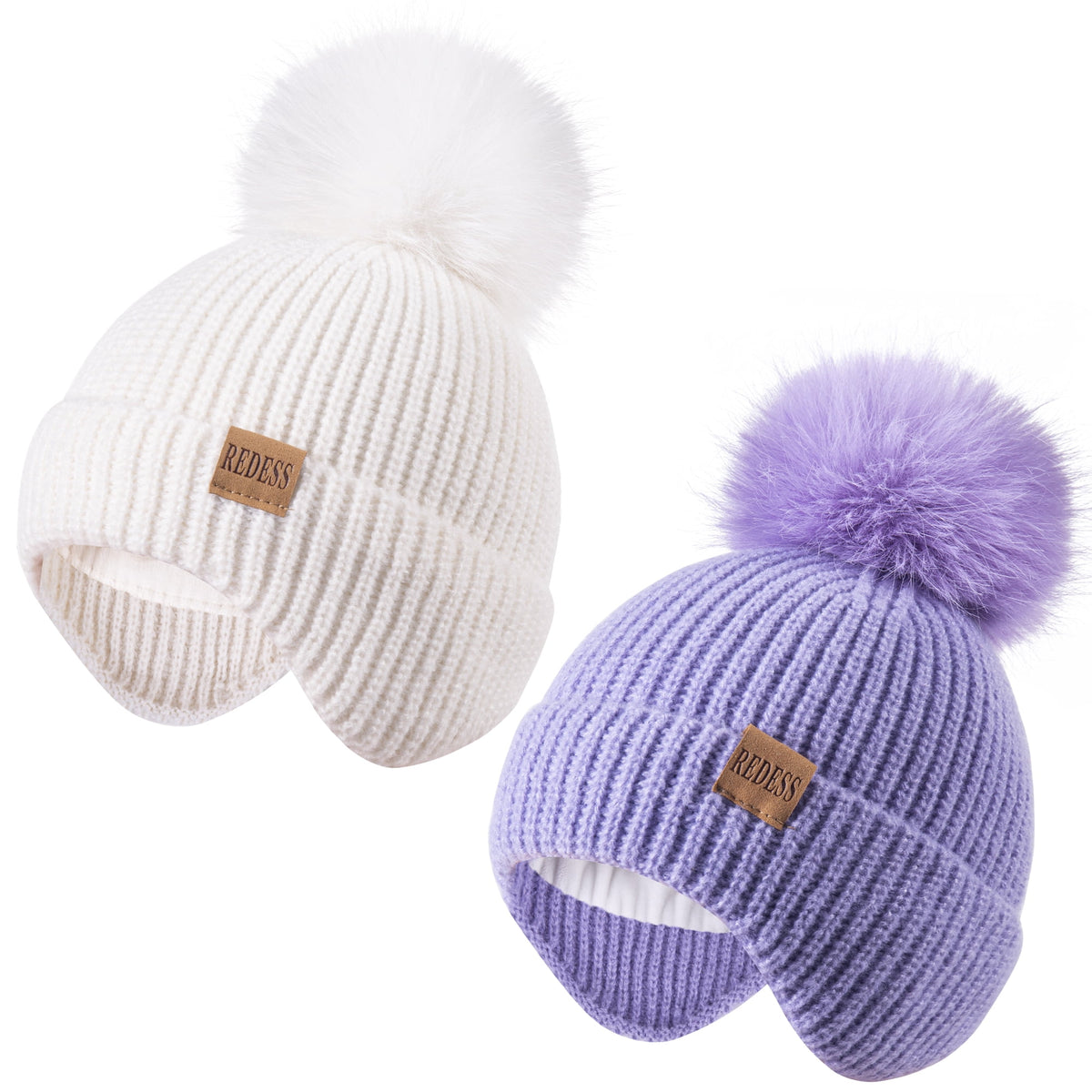 REDESS Toddler Hat with Ear Flaps, Fleece Lined Beanie Hat for Baby 0?3 Years Old, 2?Pack Warm Knit Kids Toddler Winter Hat