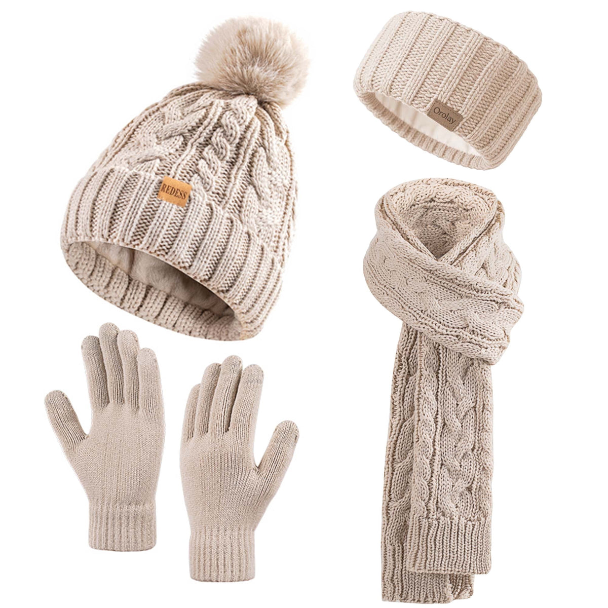 REDESS Winter Beanie Hat Scarf Gloves Headband Set Pompom Fleece Lined Warm Cap Touchscreen Gloves