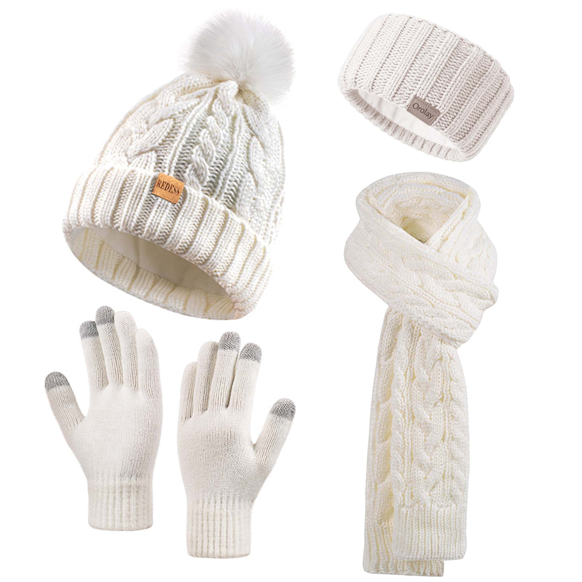 REDESS Winter Beanie Hat Scarf Gloves Headband Set Pompom Fleece Lined Warm Cap Touchscreen Gloves