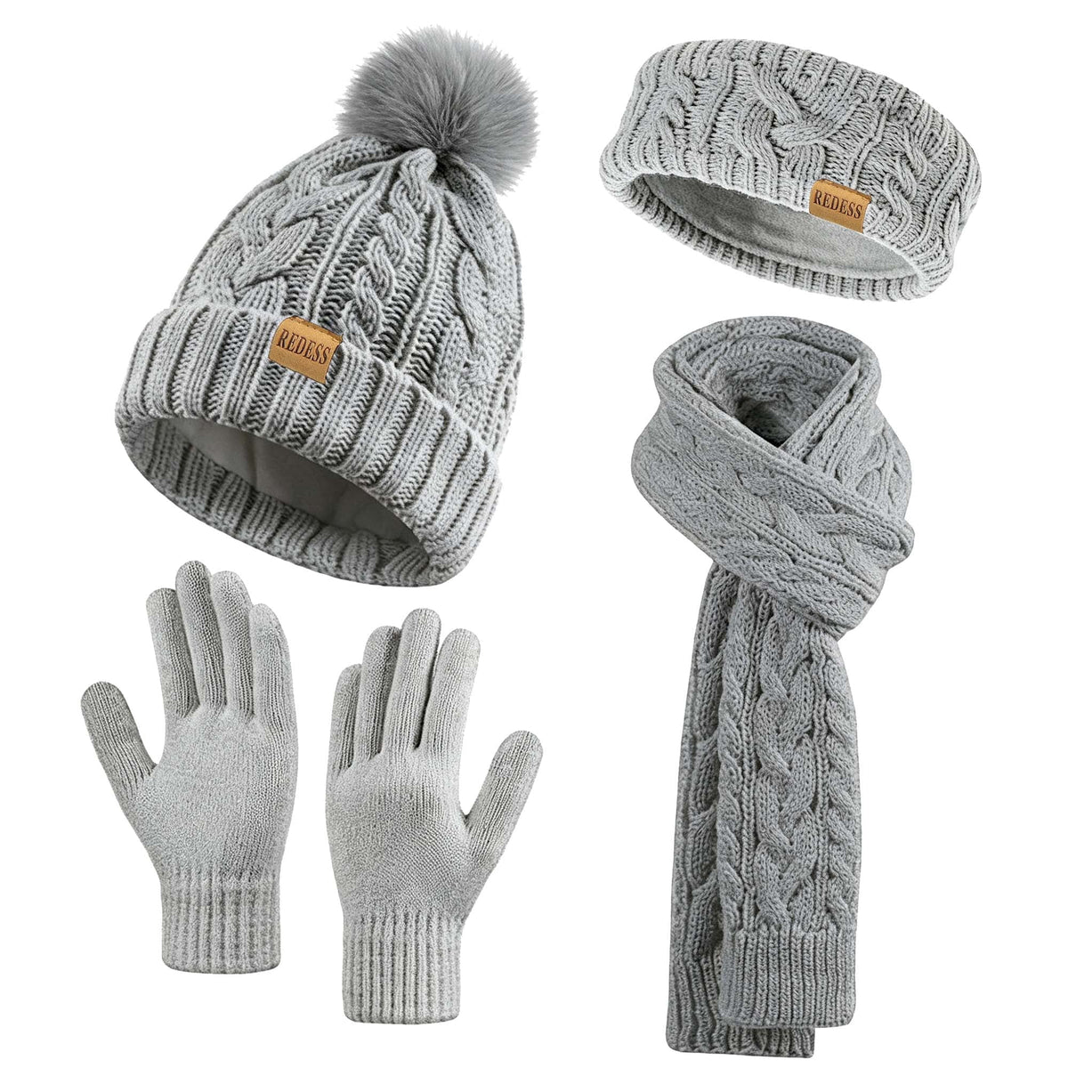 REDESS Winter Beanie Hat Scarf Gloves Headband Set Pompom Fleece Lined Warm Cap Touchscreen Gloves
