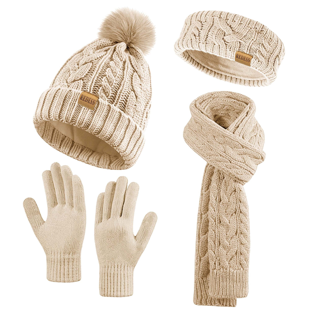 REDESS Winter Beanie Hat Scarf Gloves Headband Set Pompom Fleece Lined Warm Cap Touchscreen Gloves