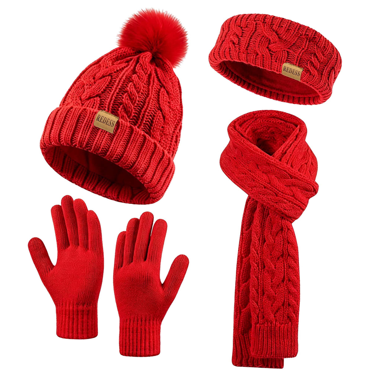 REDESS Winter Beanie Hat Scarf Gloves Headband Set Pompom Fleece Lined Warm Cap Touchscreen Gloves