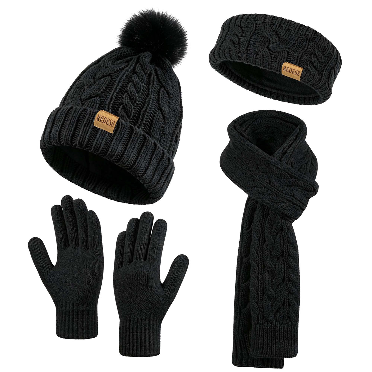 REDESS Winter Beanie Hat Scarf Gloves Headband Set Pompom Fleece Lined Warm Cap Touchscreen Gloves