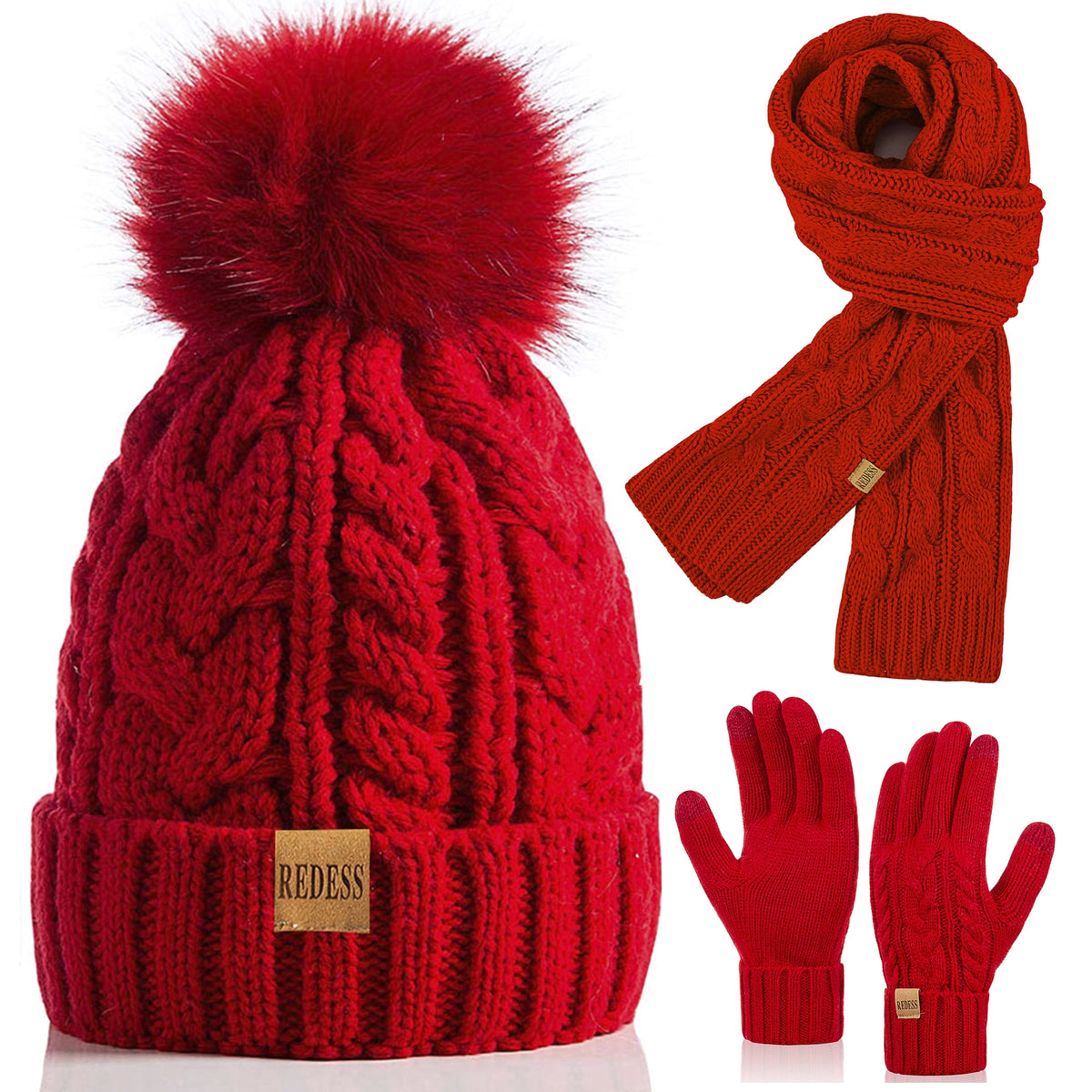 REDESS Winter Beanie Hat Scarf Gloves Set for Women, Fleece Lined Winter Hat with Pom Pom, Long Knit Scarf Touchscreen Gloves for Cold Weather