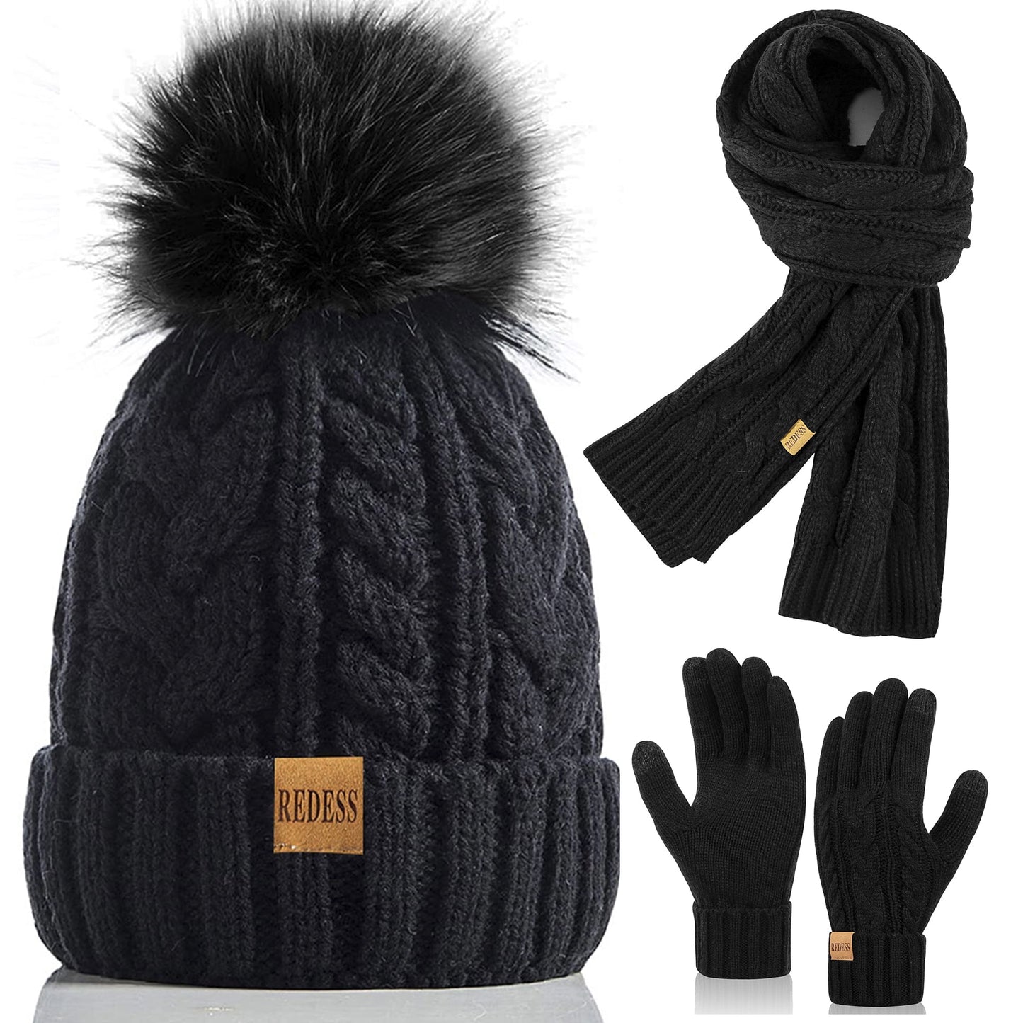 REDESS Winter Beanie Hat Scarf Gloves Set for Women, Fleece Lined Winter Hat with Pom Pom, Long Knit Scarf Touchscreen Gloves for Cold Weather