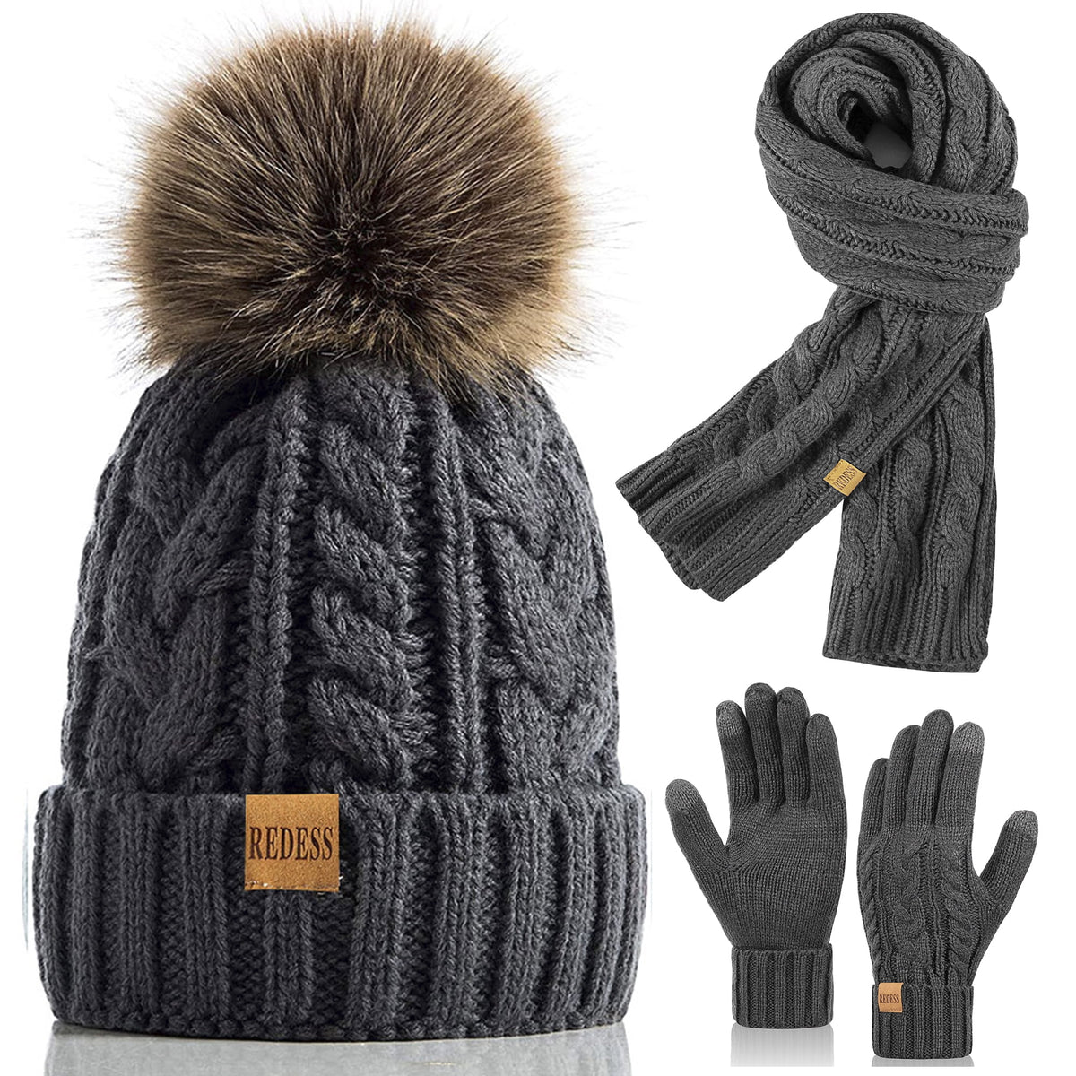 REDESS Winter Beanie Hat Scarf Gloves Set for Women, Fleece Lined Winter Hat with Pom Pom, Long Knit Scarf Touchscreen Gloves for Cold Weather