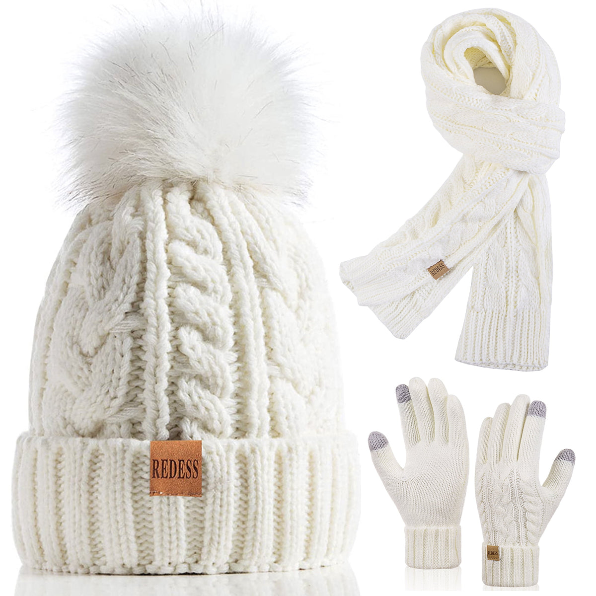 REDESS Winter Beanie Hat Scarf Gloves Set for Women, Fleece Lined Winter Hat with Pom Pom, Long Knit Scarf Touchscreen Gloves for Cold Weather